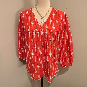 Rockin C Poppy Orange Blouse with White Embroidered Eyelet Accents, size XL